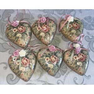 VINTAGE SET OF 6 Midwest Canon HEART ROSE PEONIES ORNAMENTS PAPER MACHE
